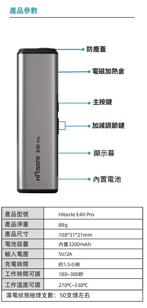 【HITASTE E40 Pro 加熱煙主機】新品上市｜無刀片・高效能感應加熱煙機・強勁擊喉感｜TEREA煙彈專用-現貨秒發